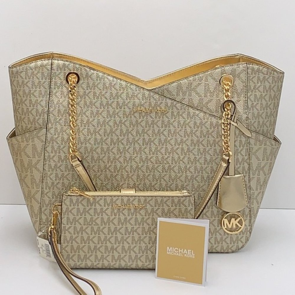 Michael Kors Large X Chain Sholder Tote & Large Double Zip Wallet Pale Gold